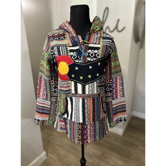 Colorado Patchwork Sweaters - NWOT Rising International Colorado Nights Patchwork Hoody‎ Poncho Size Medium